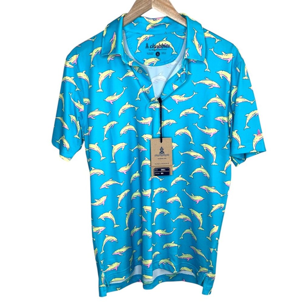 Chubbies Mens Flying Dolphins Performance Polo Golf Pickleball Shirt 2.0 Small